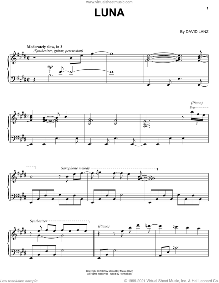 Luna sheet music for piano solo by David Lanz, intermediate skill level