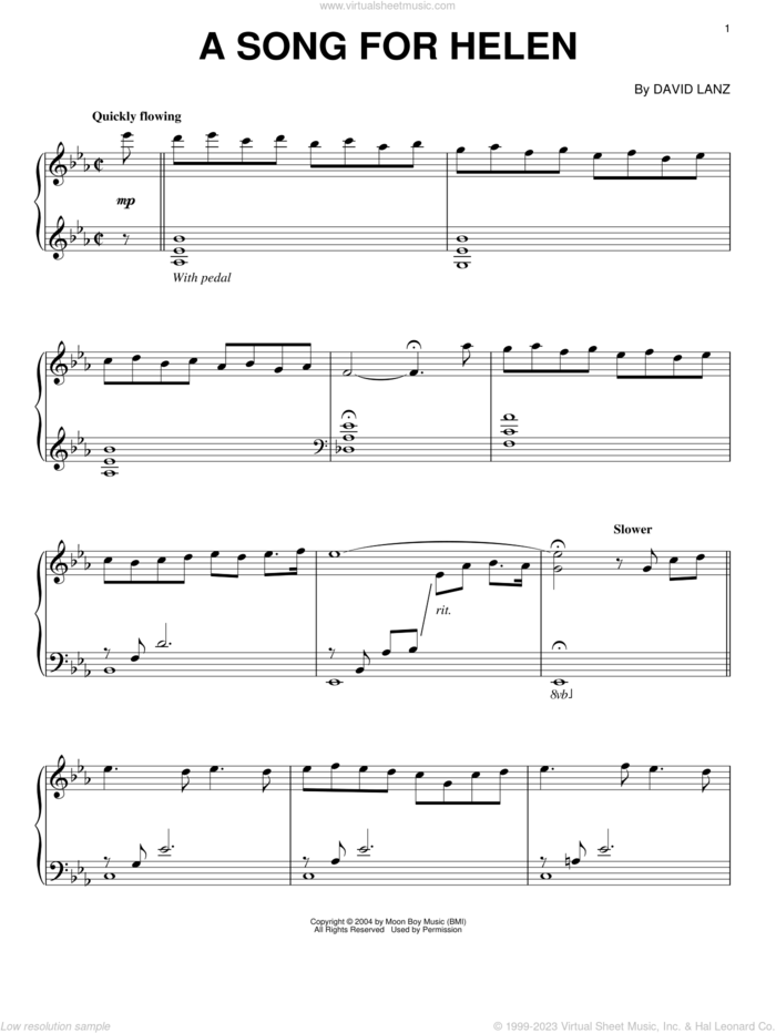 A Song For Helen sheet music for piano solo by David Lanz, intermediate skill level