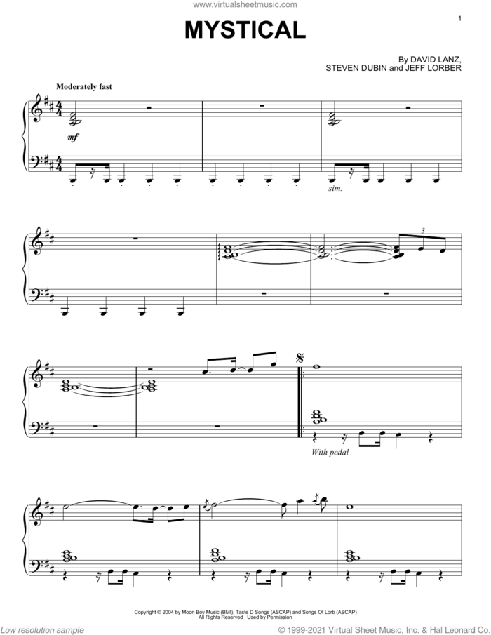 Mystical sheet music for piano solo by David Lanz, Jeff Lorber and Steven Dubin, intermediate skill level