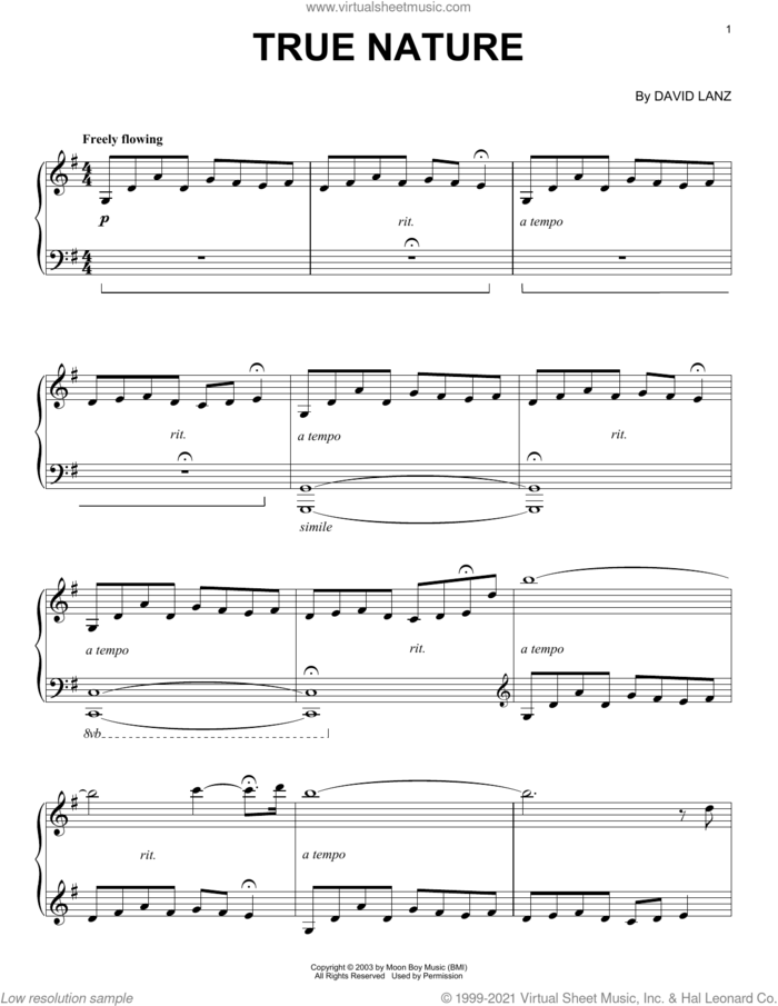 True Nature sheet music for piano solo by David Lanz, intermediate skill level