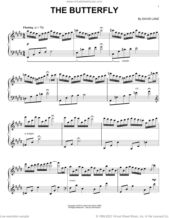 The Butterfly sheet music for piano solo by David Lanz, intermediate skill level