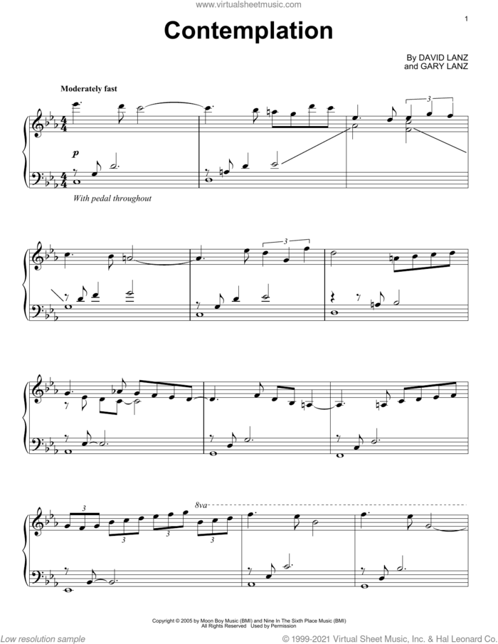 Contemplation sheet music for piano solo by David Lanz & Gary Stroutsos, David Lanz and Gary Lanz, intermediate skill level