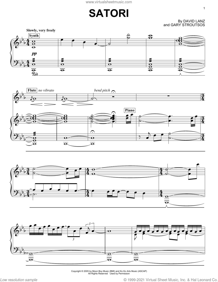 Satori sheet music for piano solo by David Lanz & Gary Stroutsos, David Lanz and Gary Stroutsos, intermediate skill level