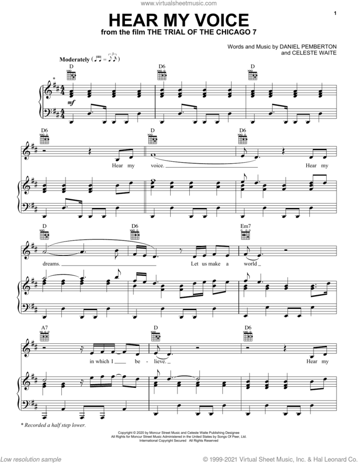 Hear My Voice (from The Trial Of The Chicago 7) sheet music for voice, piano or guitar by Celeste, Celeste Waite and Daniel Pemberton, intermediate skill level