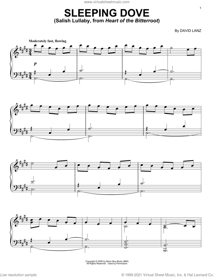 Sleeping Dove (Salish Lullaby, from Heart Of The Bitterroot) sheet music for piano solo by David Lanz, intermediate skill level