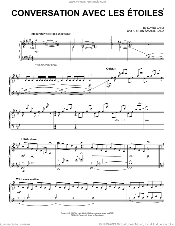 Conversation avec les Etoiles sheet music for piano solo by David Lanz and Kristin Amarie Lanz, intermediate skill level