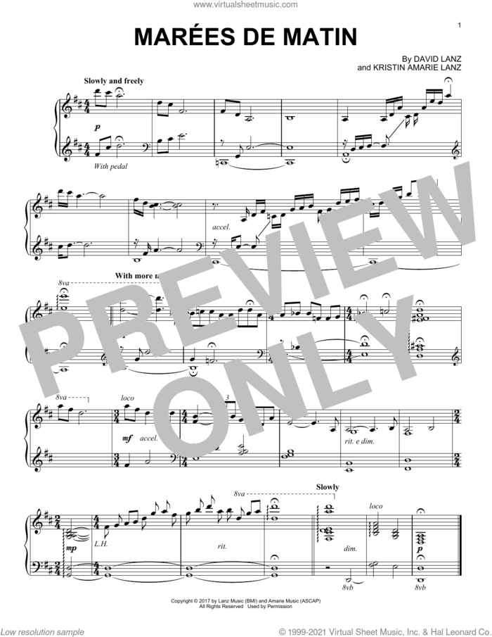 Marees de Matin sheet music for piano solo by David Lanz and Kristin Amarie Lanz, intermediate skill level