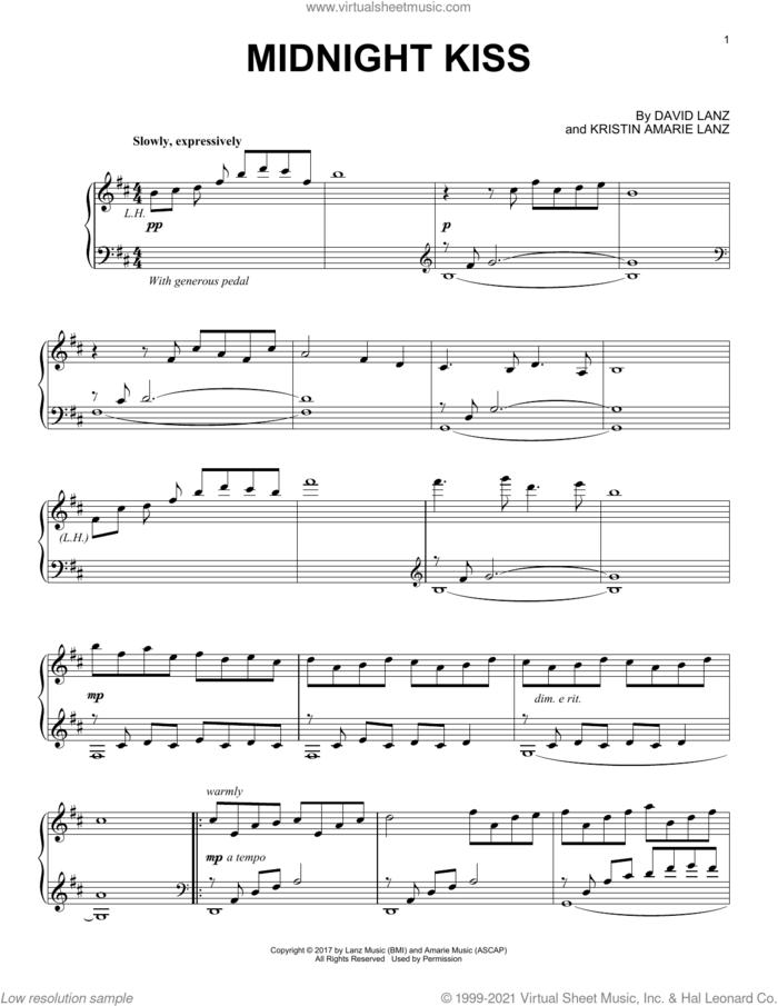 Midnight Kiss sheet music for piano solo by David Lanz, Kristin Amarie Lanz and Kristin Marie Lanz, intermediate skill level