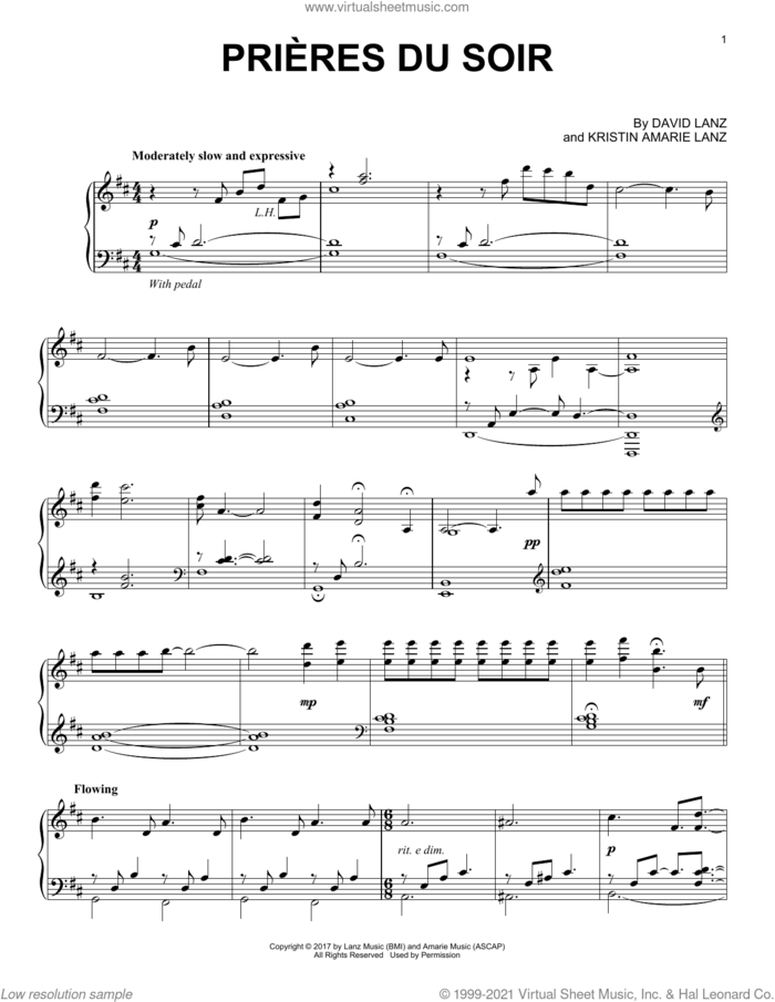 Prieres du soir sheet music for piano solo by David Lanz and Kristin Amarie Lanz, intermediate skill level