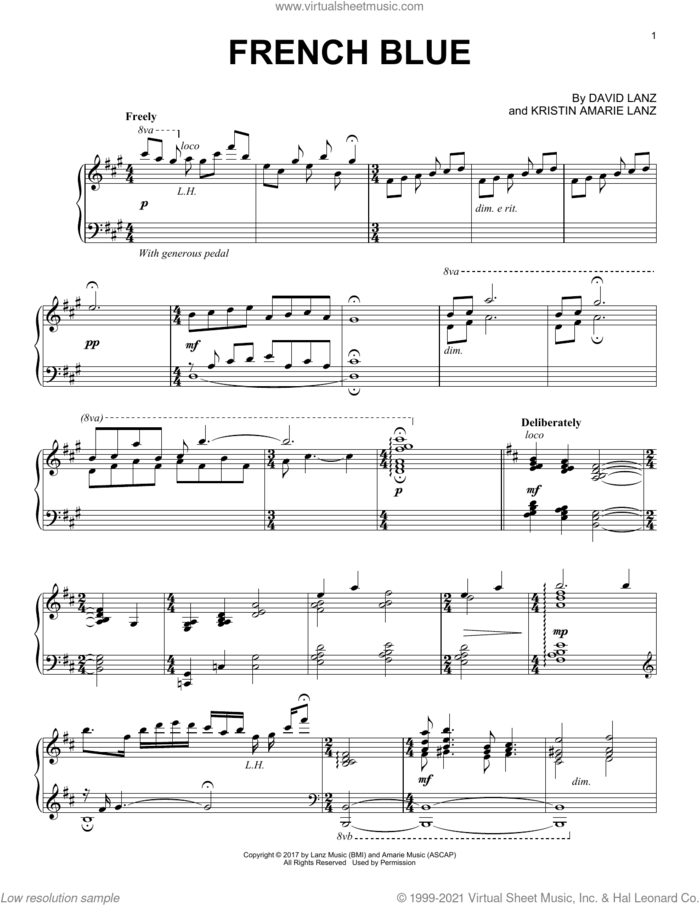 French Blue sheet music for piano solo by David Lanz and Kristin Amarie Lanz, intermediate skill level