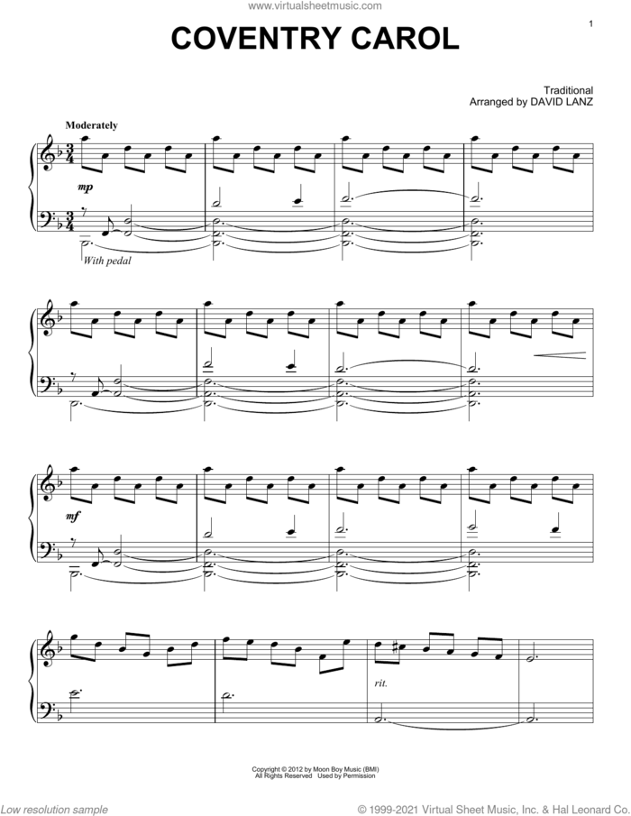 Coventry Carol sheet music for piano solo by David Lanz and Miscellaneous, intermediate skill level