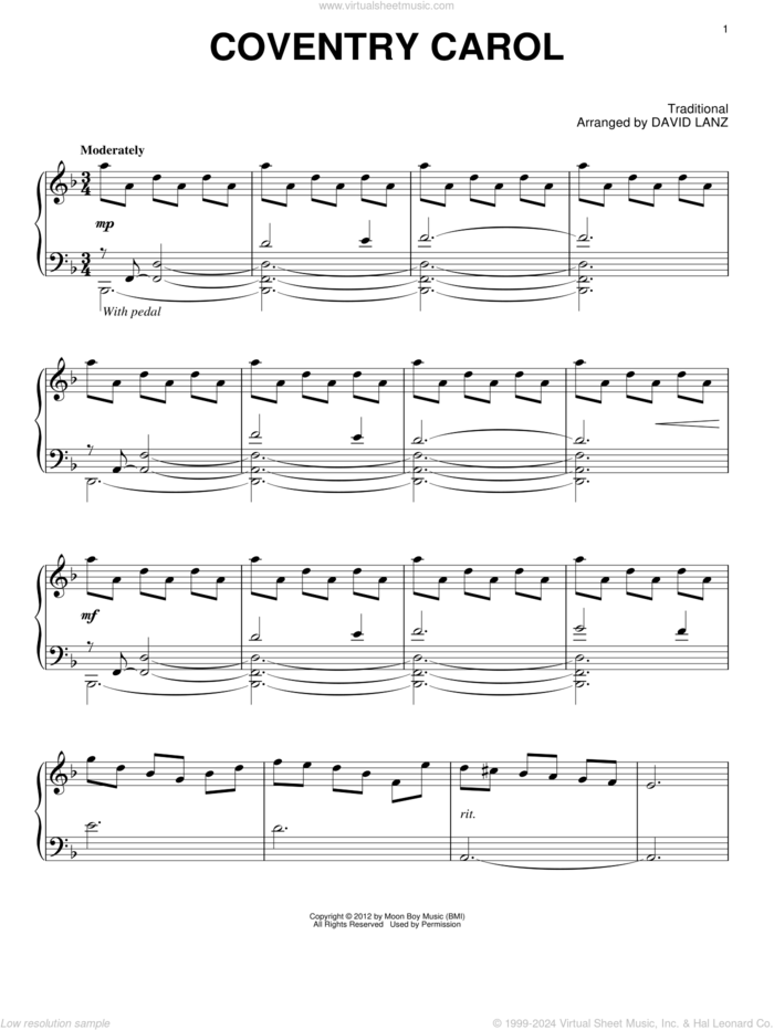 Coventry Carol sheet music for piano solo by David Lanz and Miscellaneous, intermediate skill level