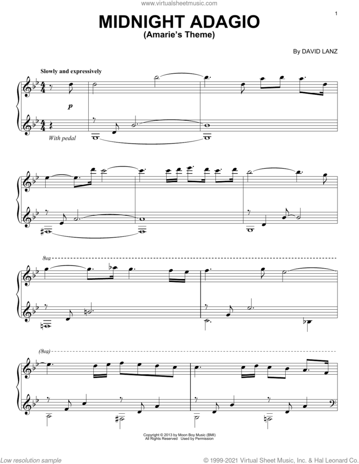 Midnight Adagio (Amarie's Theme) sheet music for piano solo by David Lanz, intermediate skill level