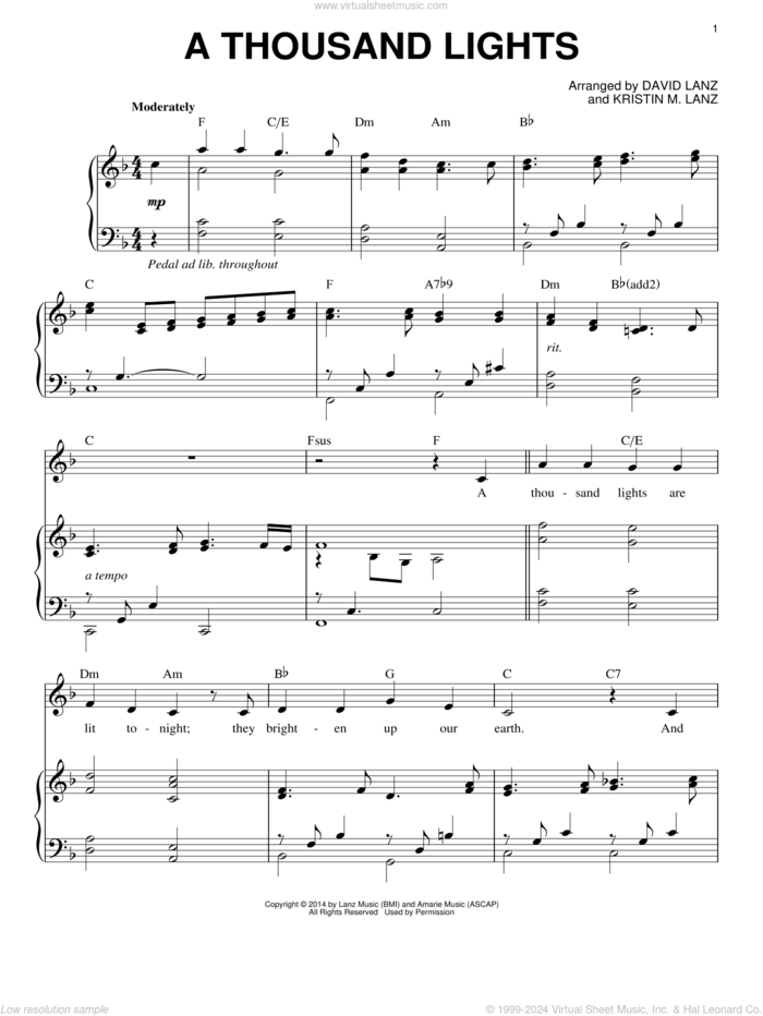 A Thousand Lights sheet music for piano solo by David Lanz & Kristin Amarie, David Lanz and Kristin M. Lanz, intermediate skill level