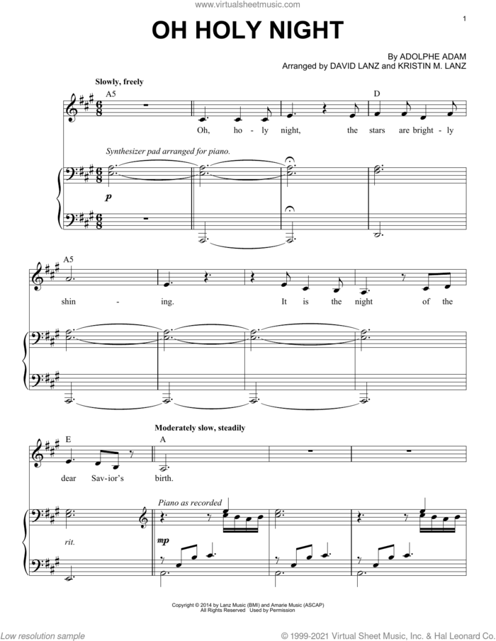 Oh Holy Night sheet music for piano solo by David Lanz & Kristin Amarie, David Lanz, Kristin M. Lanz and Adolphe Adam, intermediate skill level