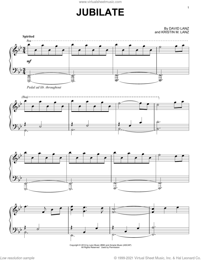 Jubilate sheet music for piano solo by David Lanz & Kristin Amarie, David Lanz and Kristin M. Lanz, intermediate skill level