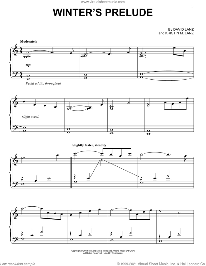 Winter's Prelude sheet music for piano solo by David Lanz & Kristin Amarie, David Lanz and Kristin M. Lanz, intermediate skill level