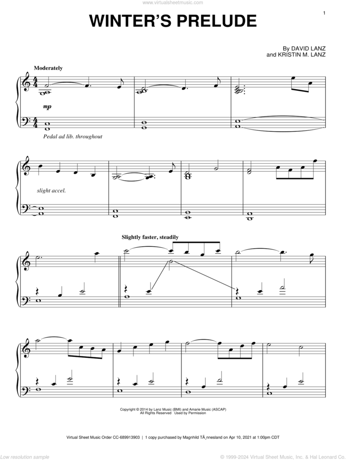 Winter's Prelude sheet music for piano solo by David Lanz & Kristin Amarie, David Lanz and Kristin M. Lanz, intermediate skill level