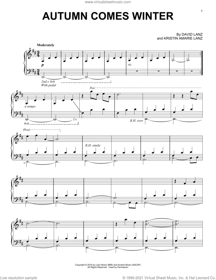 Autumn Comes Winter sheet music for piano solo by David Lanz, Kristin Amarie Lanz and Kristin Marie Lanz, intermediate skill level