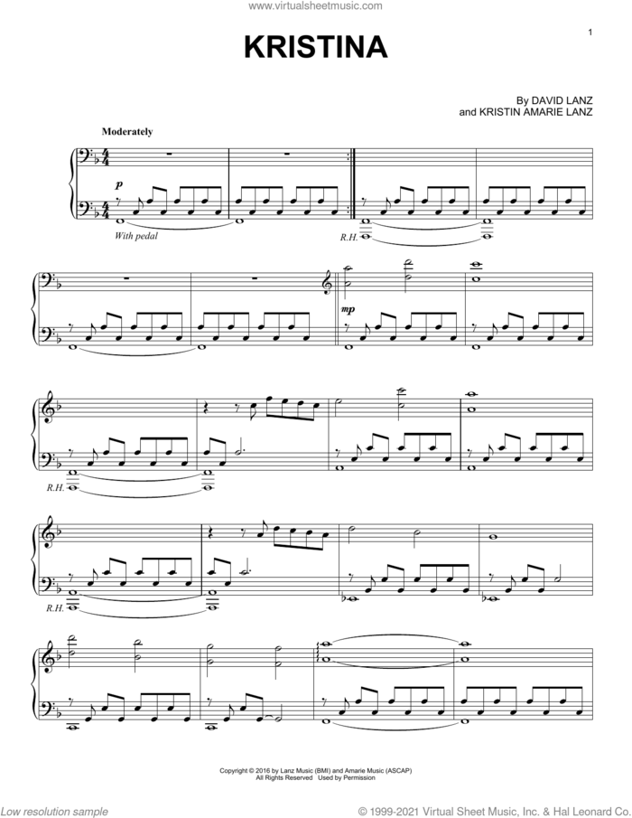 Kristina sheet music for piano solo by David Lanz, Kristin Amarie Lanz and Kristin Marie Lanz, intermediate skill level