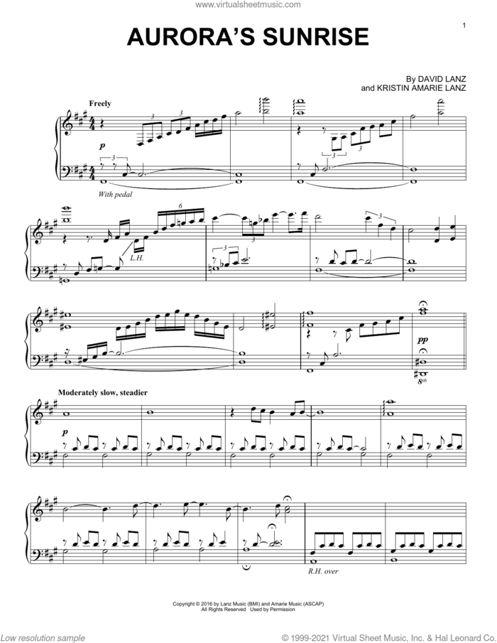 Aurora's Sunrise sheet music for piano solo by David Lanz and Kristin Amarie Lanz, intermediate skill level