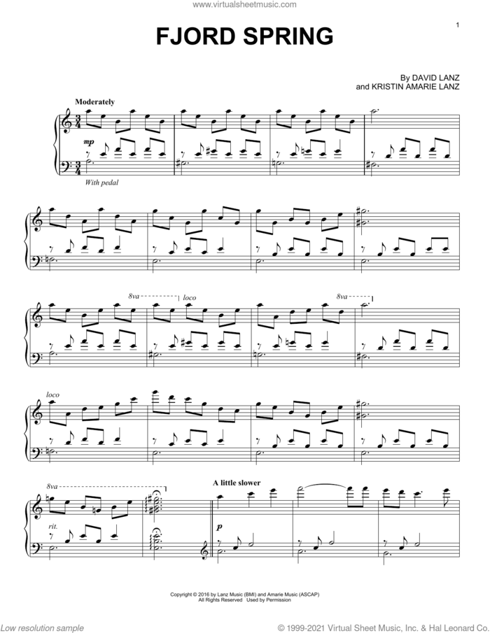 Fjord Spring sheet music for piano solo by David Lanz and Kristin Amarie Lanz, intermediate skill level