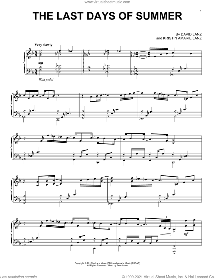 The Last Days Of Summer sheet music for piano solo by David Lanz and Kristin Amarie Lanz, intermediate skill level