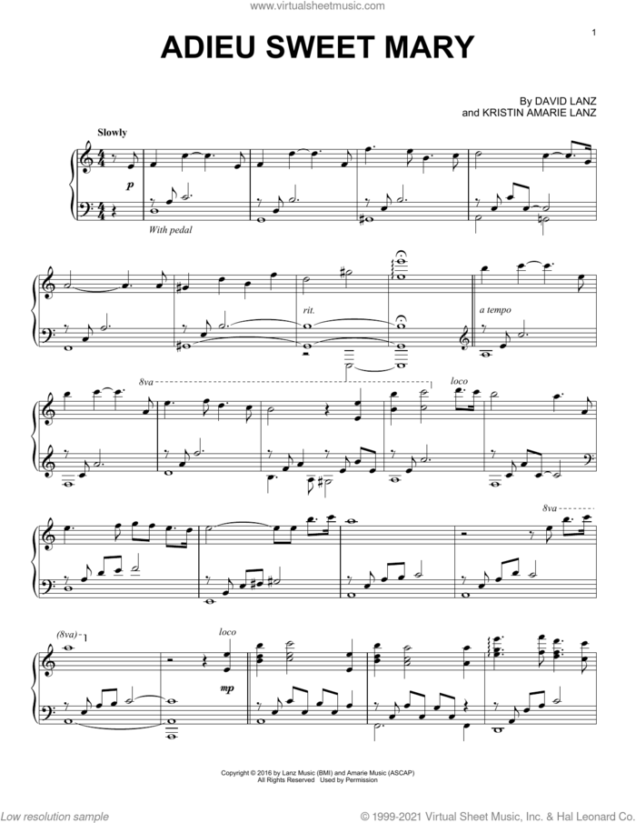 Adieu Sweet Mary sheet music for piano solo by David Lanz and Kristin Amarie Lanz, intermediate skill level