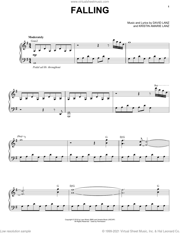 Falling sheet music for piano solo by David Lanz & Kristin Amarie, Kristin Amarie, David Lanz and Kristin Amarie Lanz, intermediate skill level