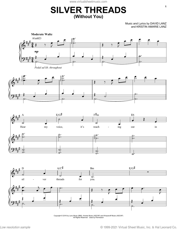 Silver Threads (Without You) sheet music for piano solo by David Lanz & Kristin Amarie, Kristin Amarie, David Lanz and Kristin Amarie Lanz, intermediate skill level