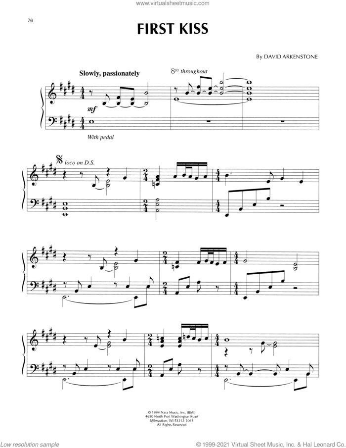 First Kiss sheet music for piano solo by David Arkenstone, intermediate skill level