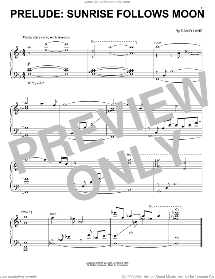 Prelude: Sunrise Follows Moon sheet music for piano solo by David Lanz, intermediate skill level