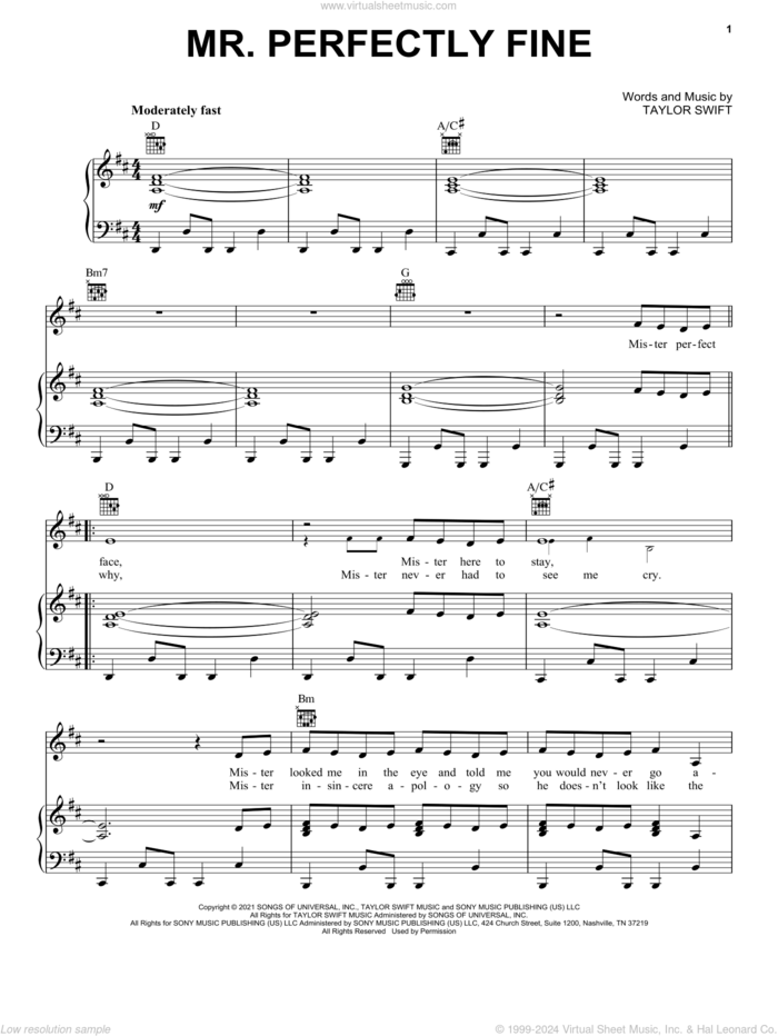 Mr. Perfectly Fine (Taylor's Version) (From The Vault) sheet music for voice, piano or guitar by Taylor Swift, intermediate skill level