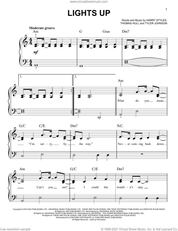 Lights Up, (easy) sheet music for piano solo by Harry Styles, Tom Hull and Tyler Johnson, easy skill level