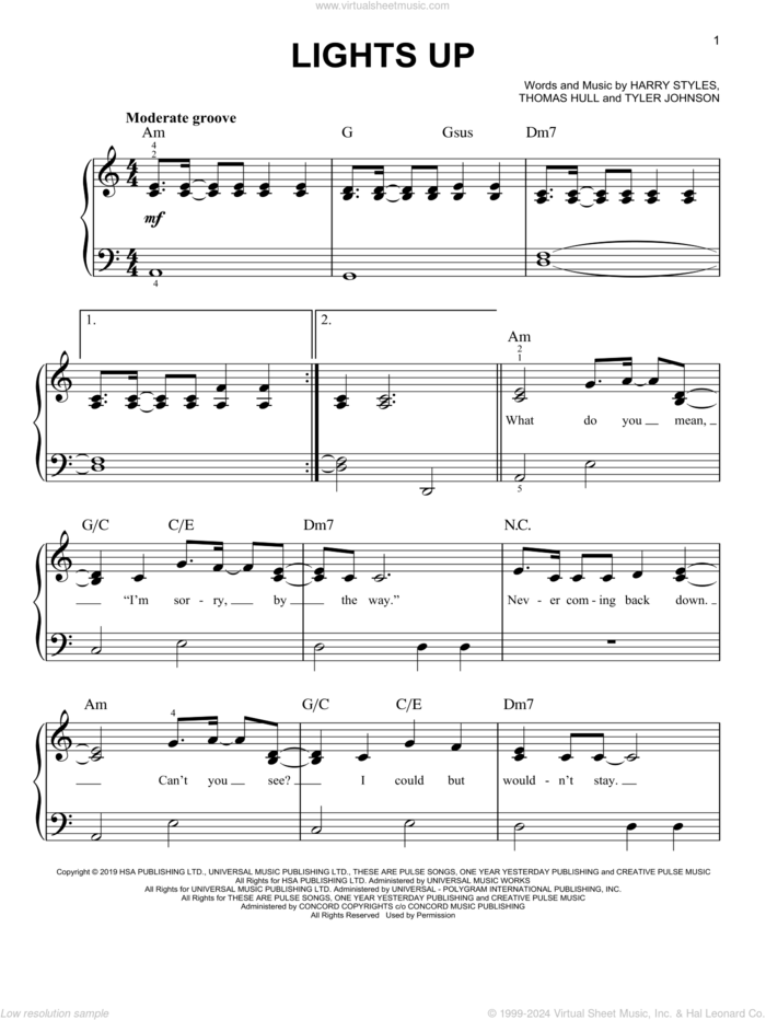 Lights Up, (easy) sheet music for piano solo by Harry Styles, Tom Hull and Tyler Johnson, easy skill level