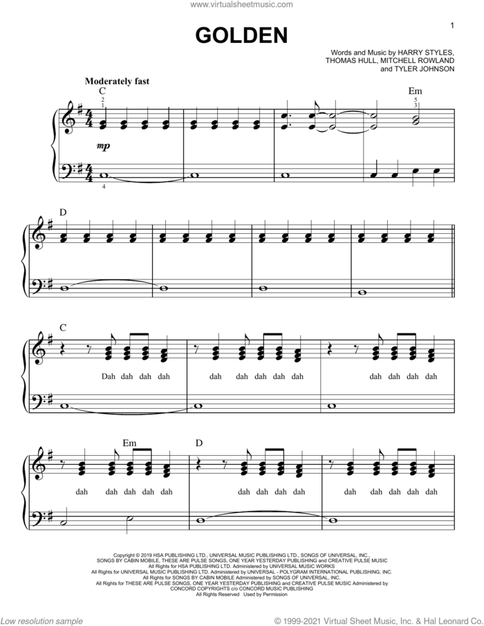 Golden sheet music for piano solo by Harry Styles, Mitchell Rowland, Tom Hull and Tyler Johnson, easy skill level