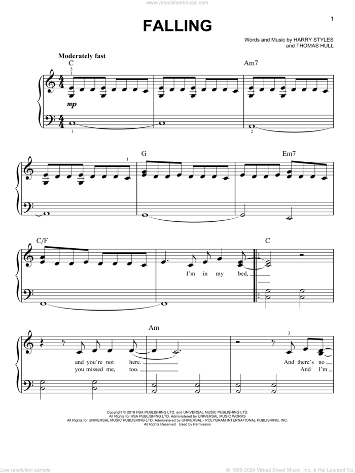 Falling, (easy) sheet music for piano solo by Harry Styles and Tom Hull, easy skill level