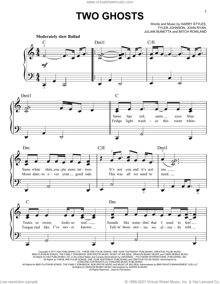 Two Ghosts, (easy) sheet music for piano solo by Harry Styles, John Ryan, Julian Bunetta, Mitch Rowland and Tyler Johnson, easy skill level