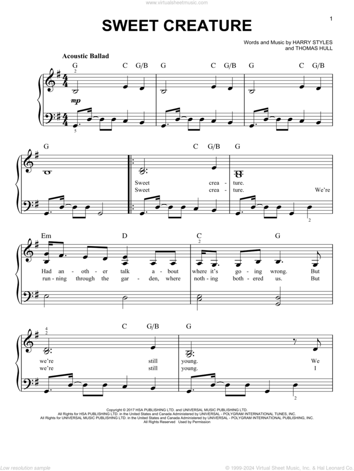 Sweet Creature, (easy) sheet music for piano solo by Harry Styles and Tom Hull, easy skill level