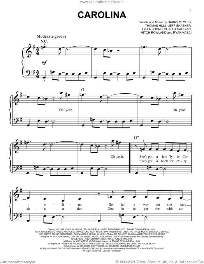 Carolina, (easy) sheet music for piano solo by Harry Styles, Alex Salibian, Jeff Bhasker, Mitch Rowland, Ryan Nasci, Tom Hull and Tyler Johnson, easy skill level