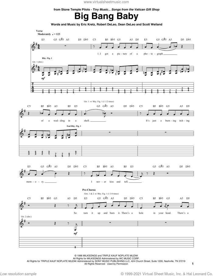 Big Bang Baby sheet music for guitar (tablature) by Stone Temple Pilots, Dean DeLeo, Eric Kretz, Robert DeLeo and Scott Weiland, intermediate skill level