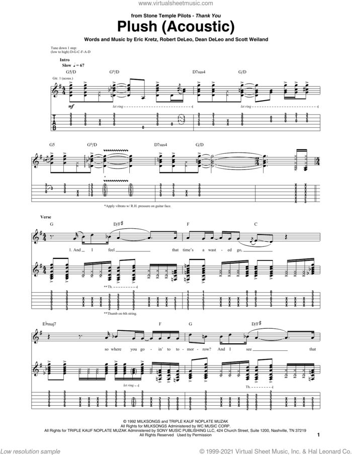 Plush (Acoustic) sheet music for guitar (tablature) by Stone Temple Pilots, Dean DeLeo, Eric Kretz, Robert DeLeo and Scott Weiland, intermediate skill level