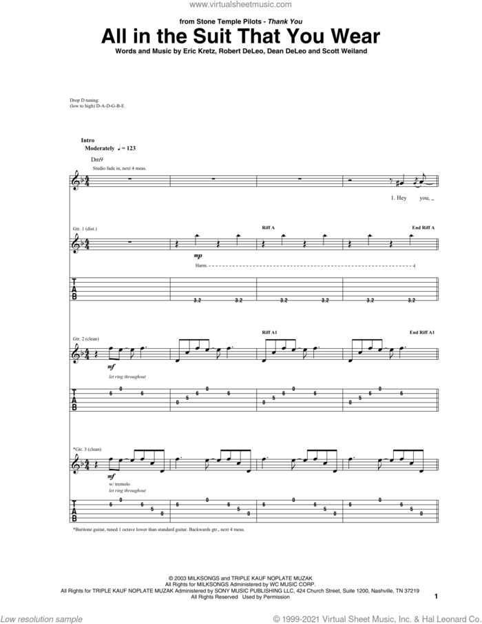 All In The Suit That You Wear sheet music for guitar (tablature) by Stone Temple Pilots, Dean DeLeo, Eric Kretz, Robert DeLeo and Scott Weiland, intermediate skill level