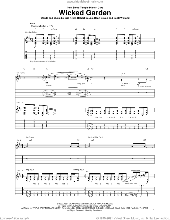 Wicked Garden sheet music for guitar (tablature) by Stone Temple Pilots, Dean DeLeo, Eric Kretz, Robert DeLeo and Scott Weiland, intermediate skill level