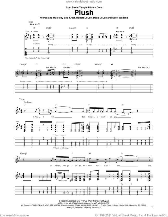 Plush sheet music for guitar (tablature) by Stone Temple Pilots, Dean DeLeo, Eric Kretz, Robert DeLeo and Scott Weiland, intermediate skill level