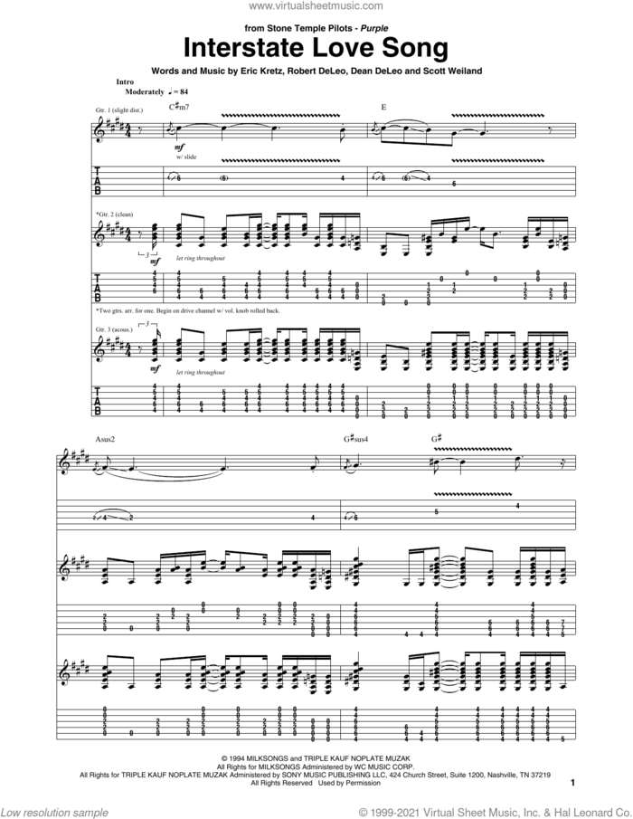 Interstate Love Song sheet music for guitar (tablature) by Stone Temple Pilots, Dean DeLeo, Eric Kretz, Robert DeLeo and Scott Weiland, intermediate skill level
