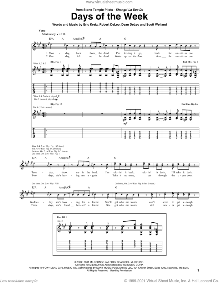 Days Of The Week sheet music for guitar (tablature) by Stone Temple Pilots, Dean DeLeo, Eric Kretz, Robert DeLeo and Scott Weiland, intermediate skill level