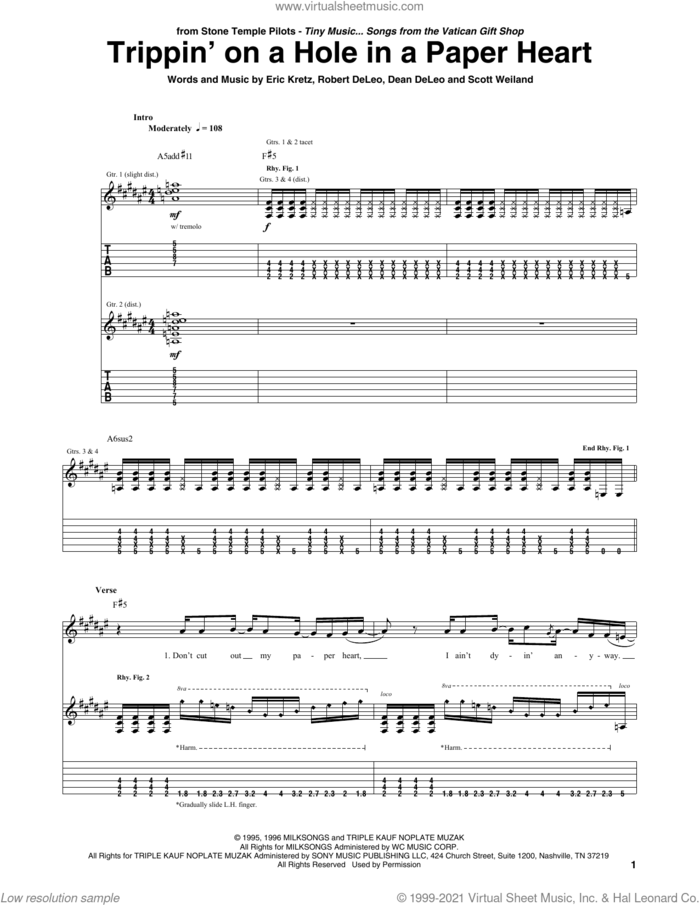 Trippin' On A Hole In A Paper Heart sheet music for guitar (tablature) by Stone Temple Pilots, Dean DeLeo, Eric Kretz, Robert DeLeo and Scott Weiland, intermediate skill level