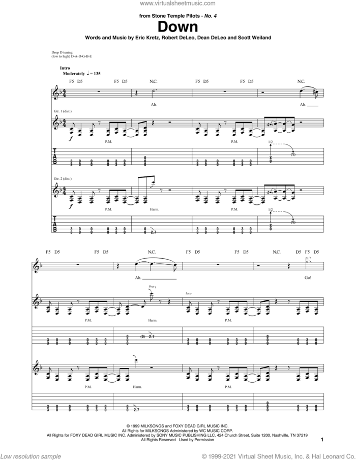 Down sheet music for guitar (tablature) by Stone Temple Pilots, Dean DeLeo, Eric Kretz, Robert DeLeo and Scott Weiland, intermediate skill level