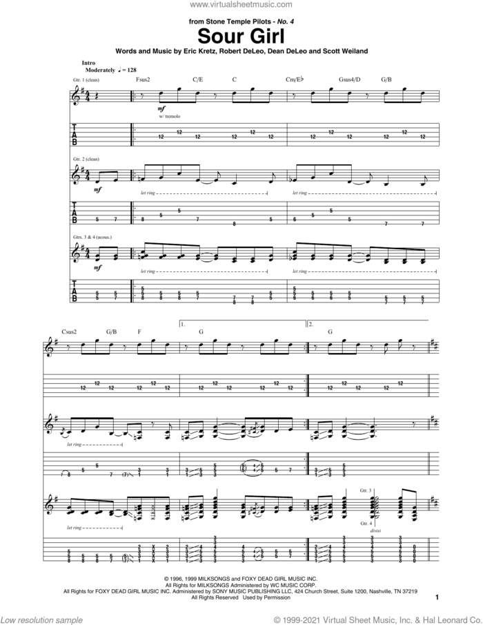 Sour Girl sheet music for guitar (tablature) by Stone Temple Pilots, Dean DeLeo, Eric Kretz, Robert DeLeo and Scott Weiland, intermediate skill level
